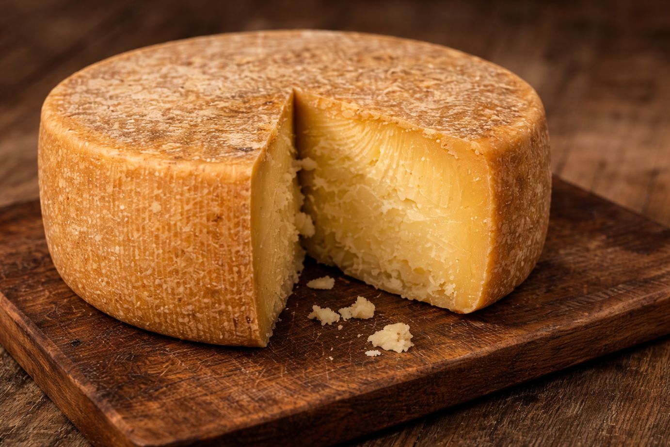 Close-up of an aged sheep milk cheese wheel with firm texture and golden rind