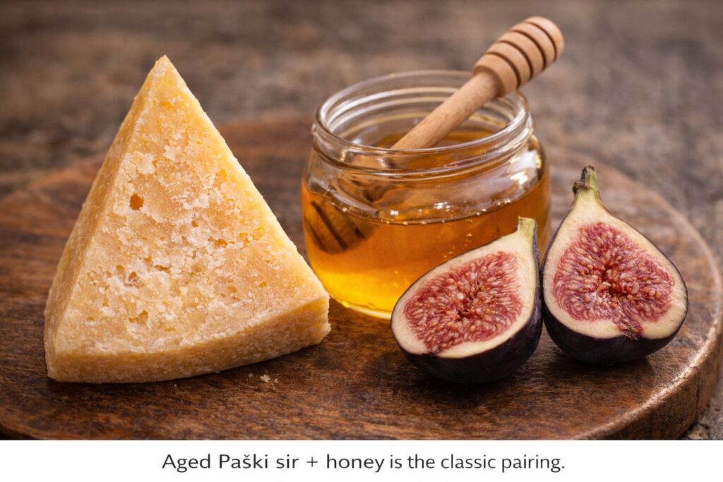 Aged Paški sir paired with honey and figs for a sweet-salty contrast
