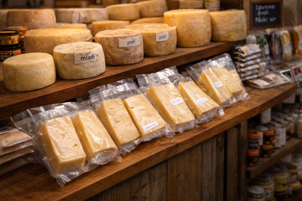 Cheese shop display in Pag area with different Pag cheese aging options