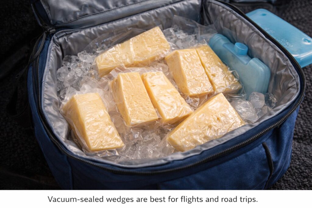 Vacuum-sealed cheese wedges prepared for travel and keeping cool