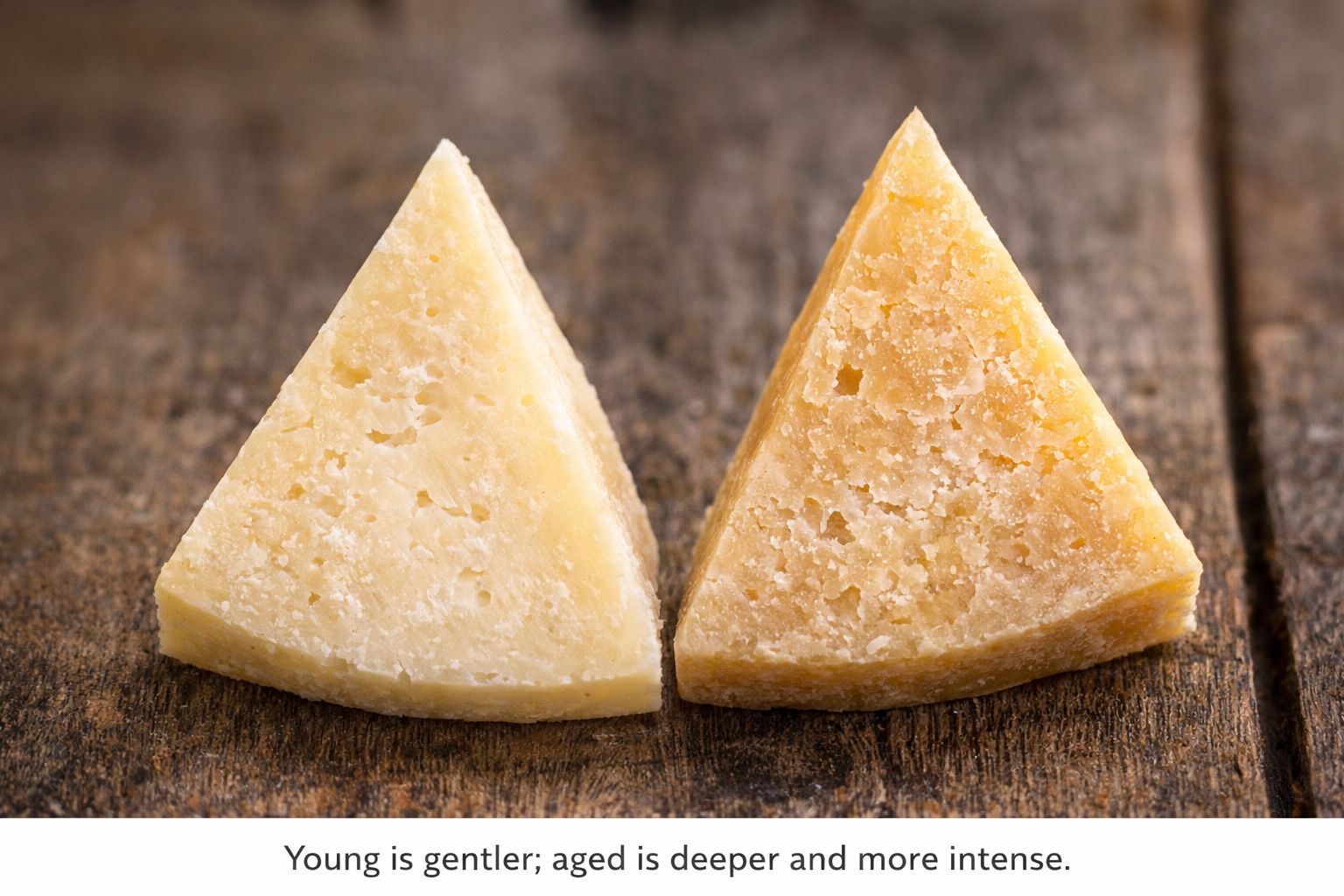 Young vs aged pieces showing differences in texture and color