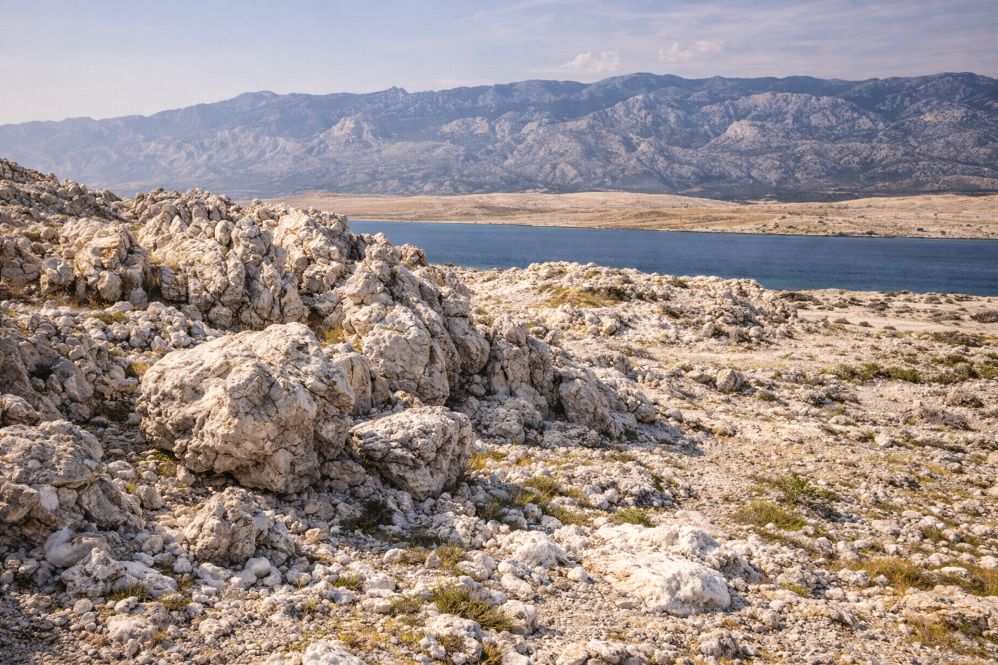 Rocky moon-like landscape of Pag Island shaped by bora wind and sea salt