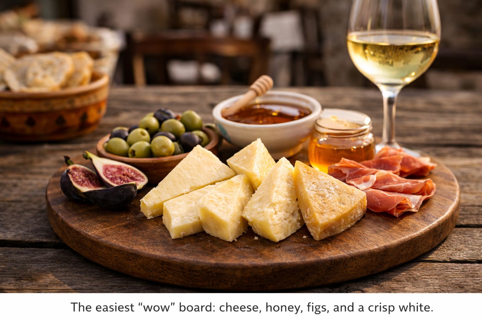 Pag cheese tasting board served in a konoba with olives, honey and figs