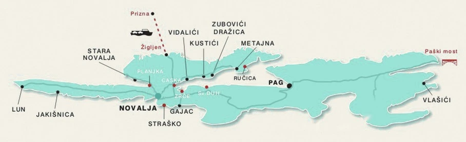 Map of Pag Island, Croatia showing the best areas for Pag apartments booking