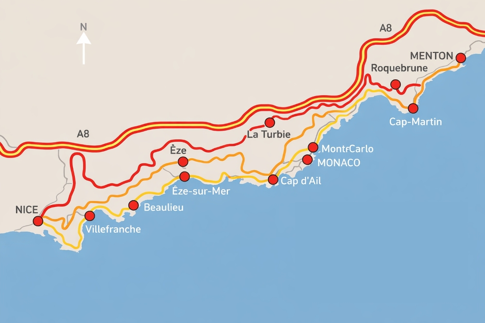 Map of the Les Corniches, Côte d’Azur – French Riviera Elegance - the best coastal roads in the world