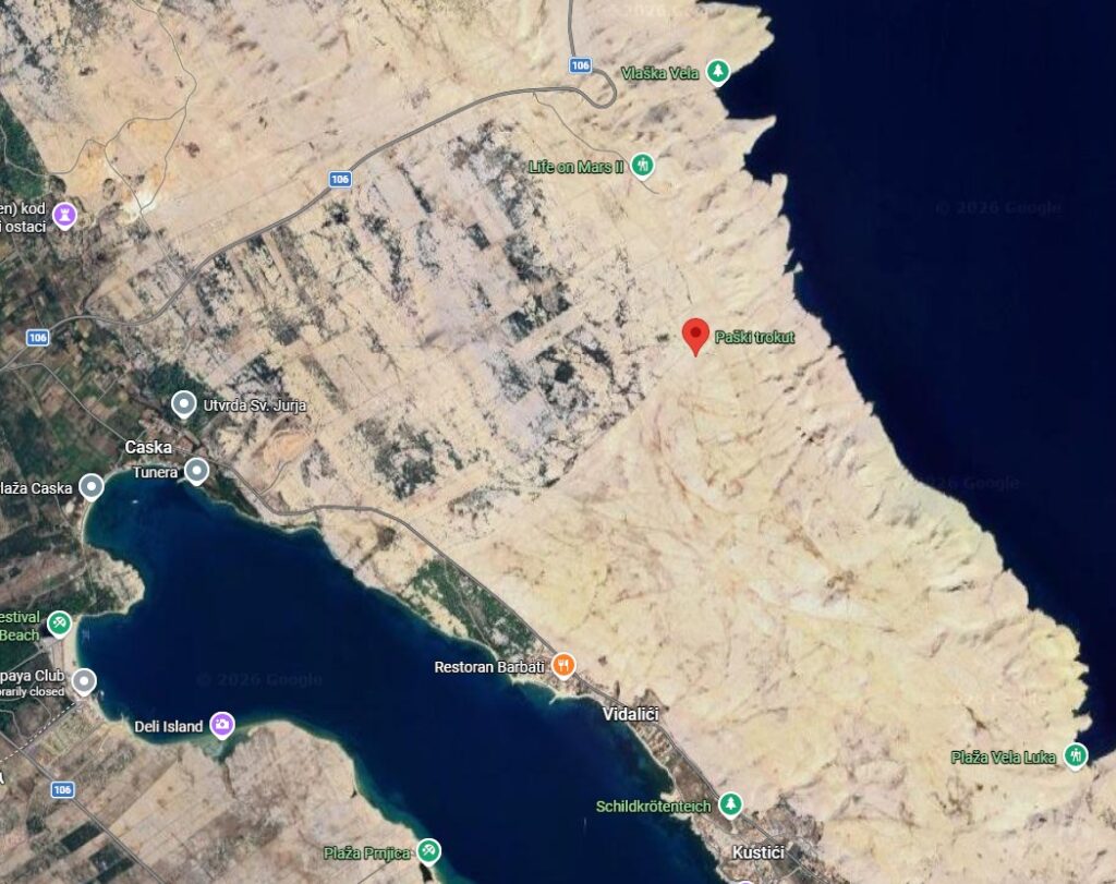 Pag Triangle location map near Novalja on Pag Island Croatia