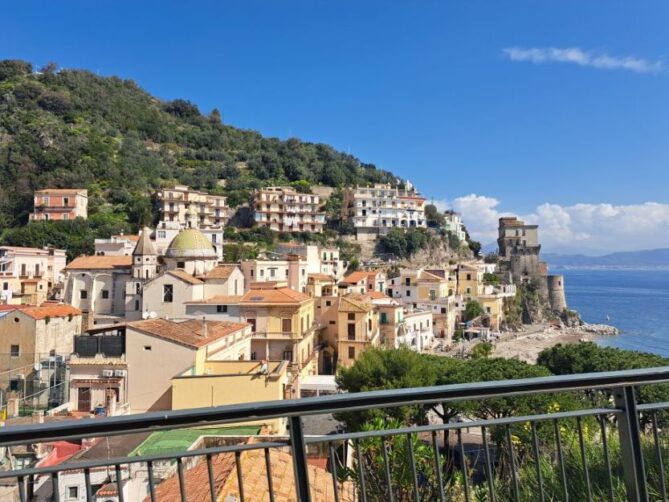 Amalfi Coast town view with sea and traditional buildings Italy