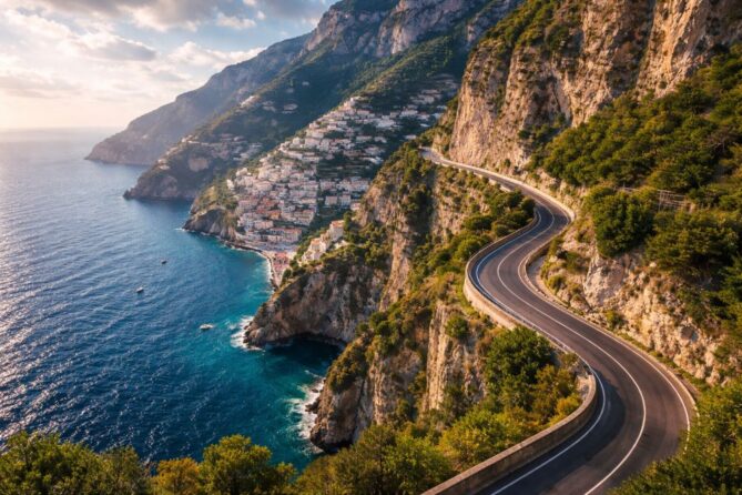 Amalfi Coast scenic drive overlooking Positano cliffs along SS163 Amalfitana