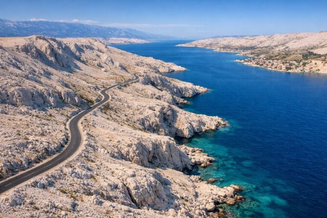 Mars Road Pag Croatia aerial view between Caska and Metajna with barren white karst landscape and Adriatic Sea
