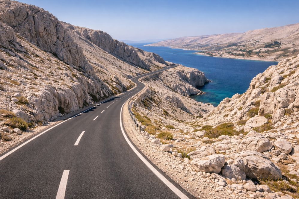 Driving on Mars Road Pag Croatia through barren rocky landscape near Metajna