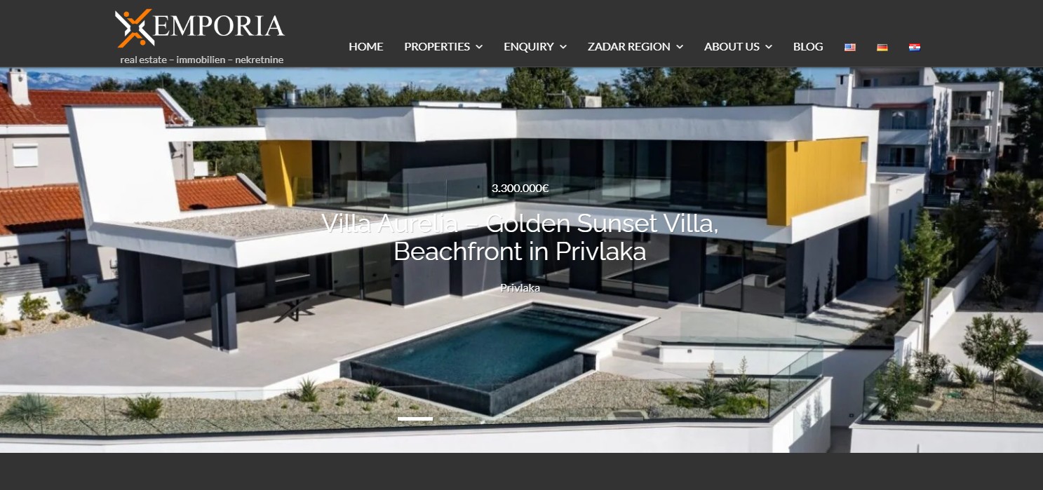 Emporia website featuring Villa Aurelia luxury beachfront property in Privlaka Croatia