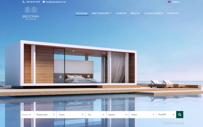 Begonia Nekretnine Zadar real estate agency website featuring a modern villa and property search filters