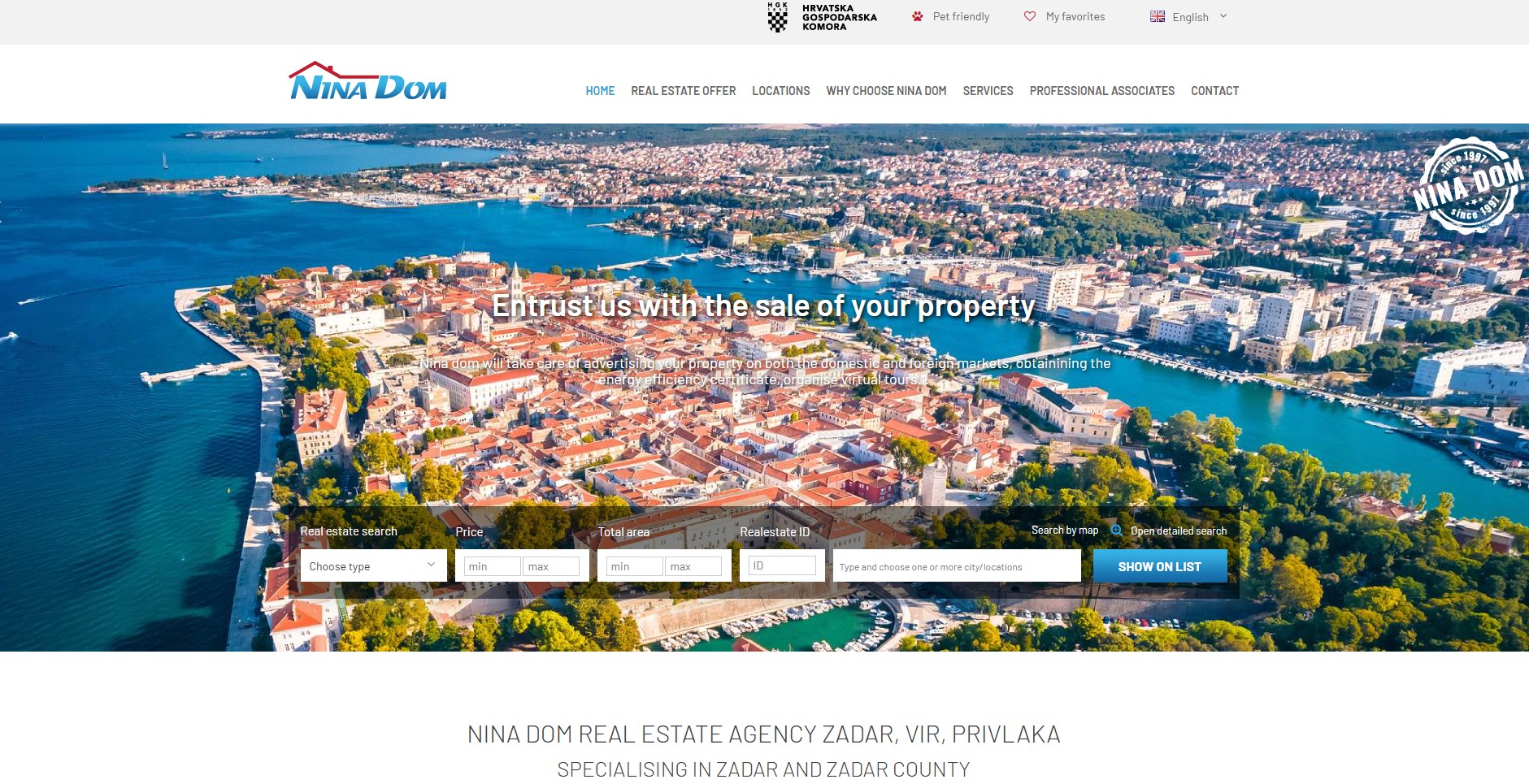 Nina Dom real estate agency website showing an aerial panorama of Zadar Croatia and property search options