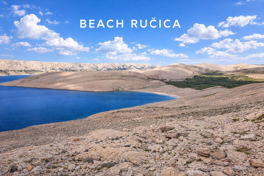 Ručica Beach near Metajna on Pag Island with blue Adriatic water and dramatic rocky coastal landscape